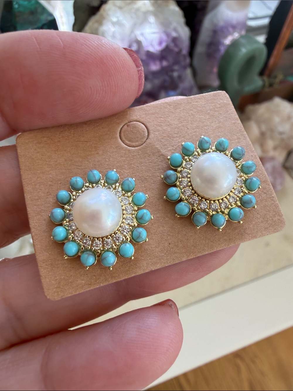 Elegant Turquoise & Pearl Cluster Stud Earrings - Women Jewelry